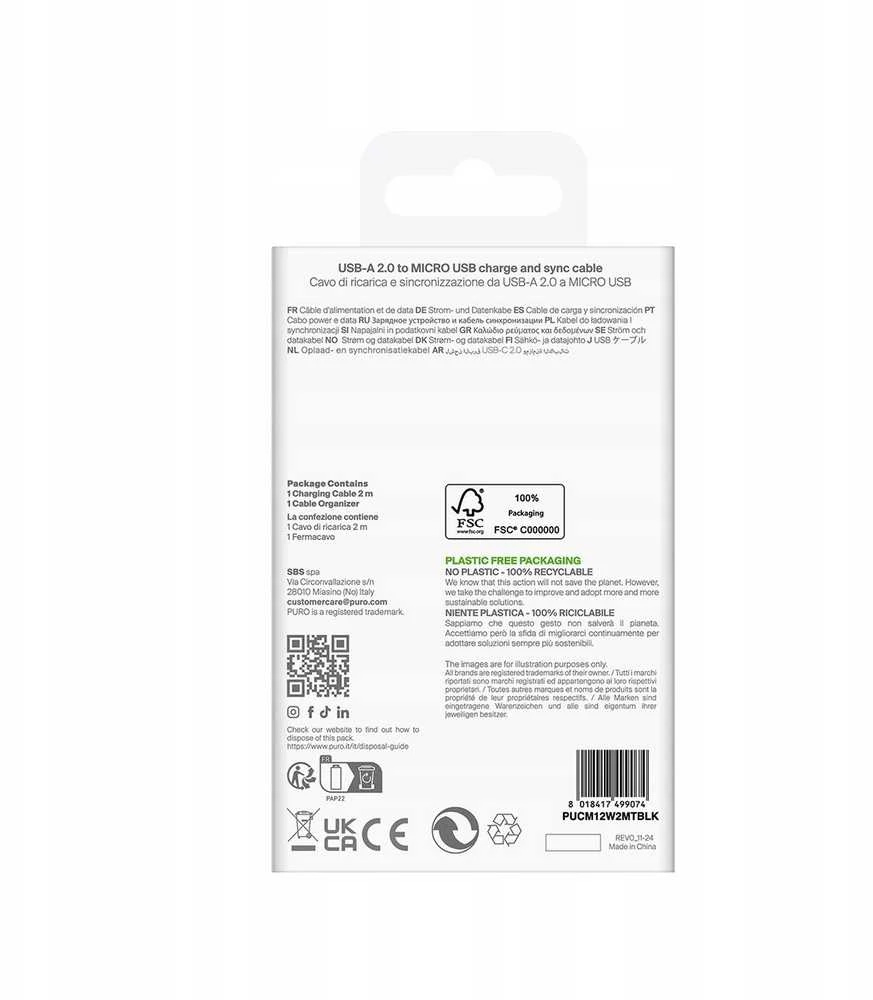 Puro 12W TPE USB-A - microUSB 2m kabelis - juodos spalvos