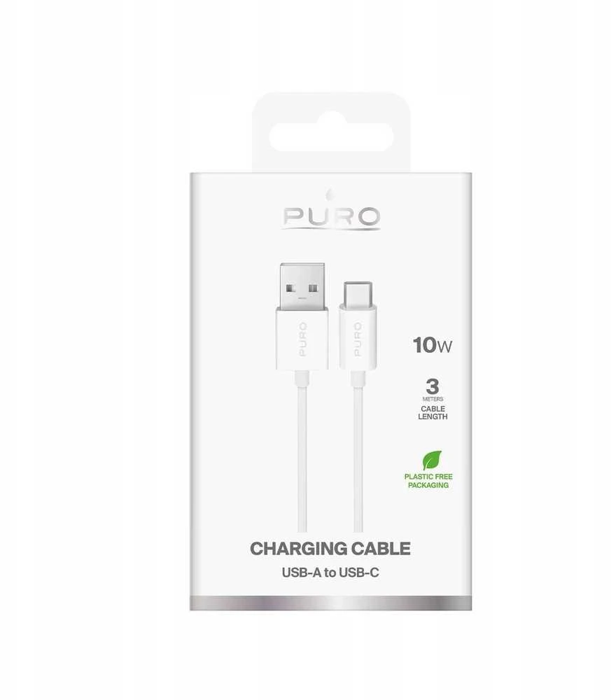 Puro TPE 10W USB-A – USB-C kabelis 3m – baltos spalvos