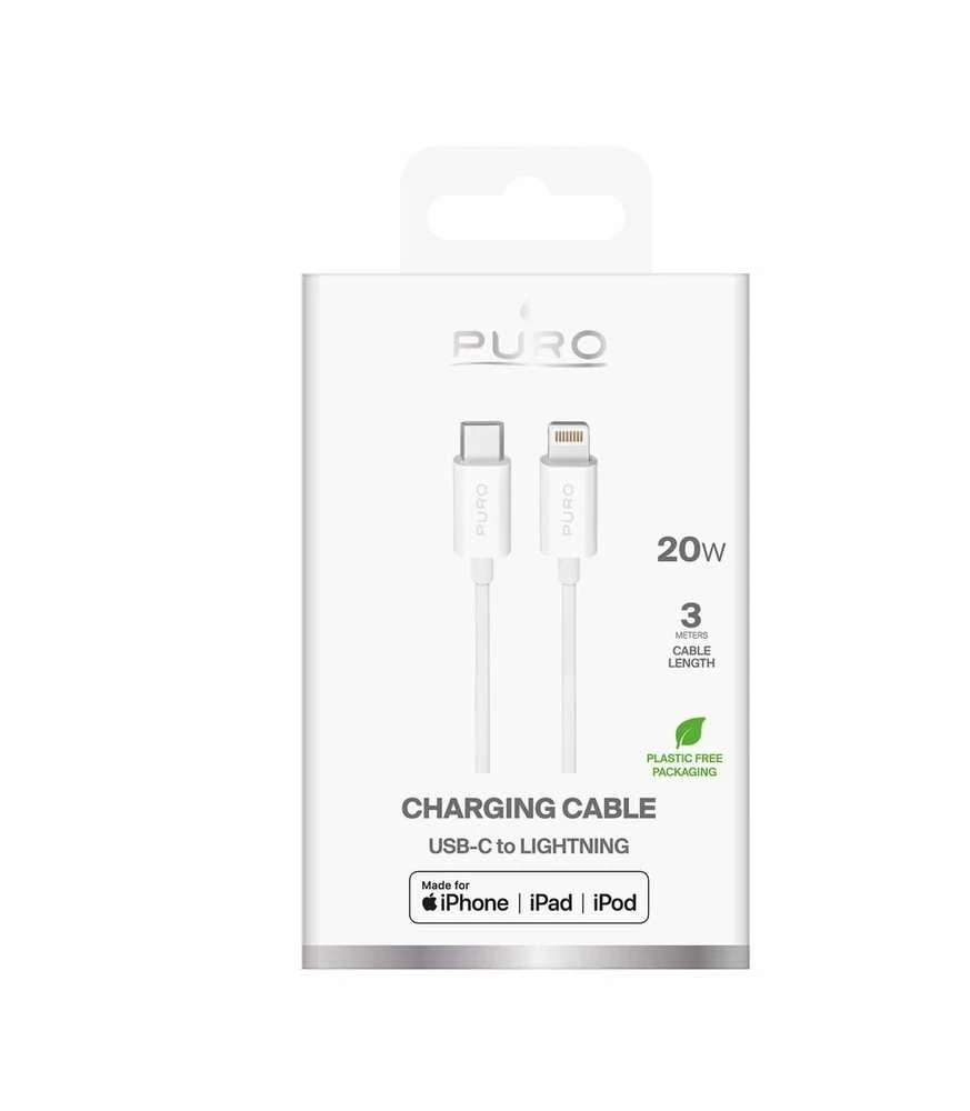 Puro TPE 20W USB-C – Lightning kabelis 3m – baltos spalvos