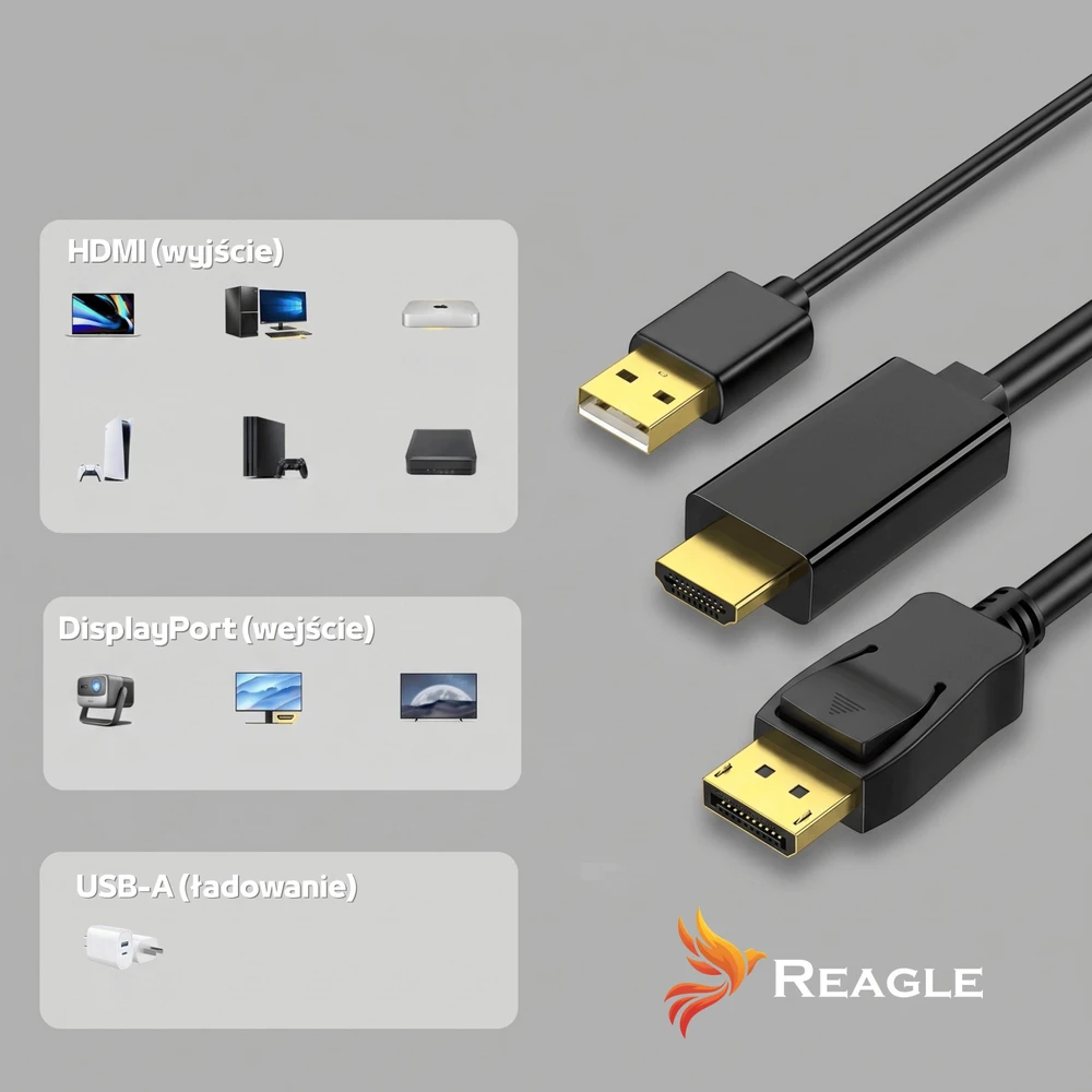 Kabelis Reagle DisplayPort - HDMI + USB-A 1,8 m juodas