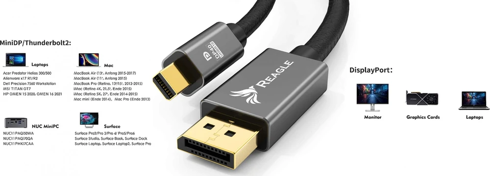 Kabelis Reagle DisplayPort Mini - DisplayPort 1,5 m, sidabrinės spalvos