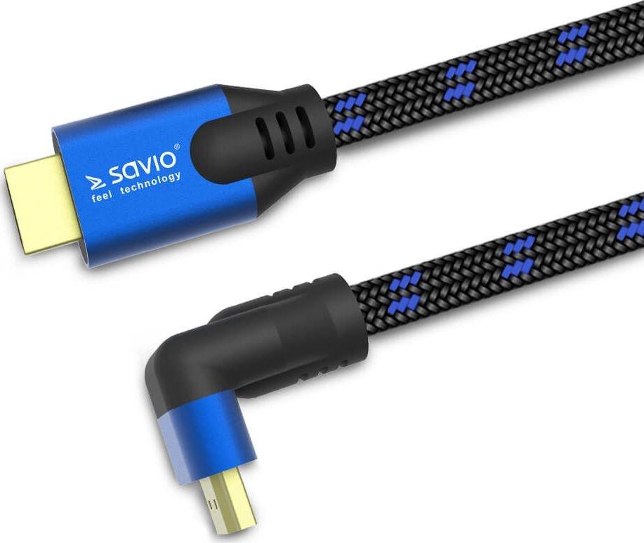 HDMI-HDMI v2.1 kabelis, 1,8 m, 8K, kampinis, OFC, varis, paauksuotas, Ethernet / 3D CL-147 SAVIO Mėlyna-juoda