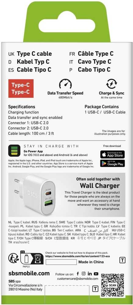 SBS TECABLETCC10W USB-C kabelis – USB-C Power Delivery 25W 1 m – baltos spalvos