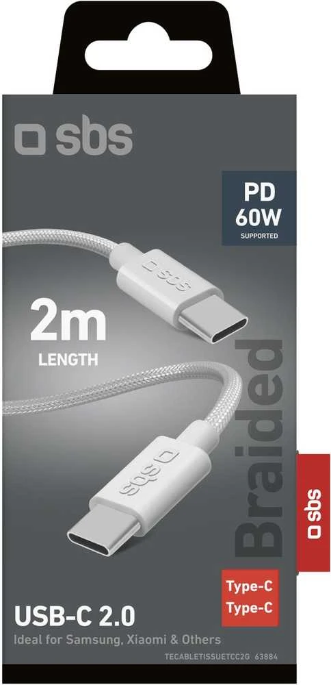 SBS TECABLETISSUETCC2G kabelis 2 x USB-C 2m 60W with Power Delivery – pilkos spalvos