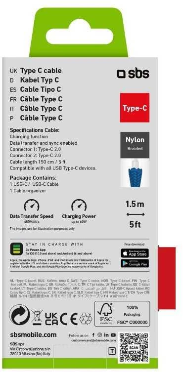 SBS TECABLETISSUETCCB USB-C – USB-C 1.5m 60W pintas kabelis – mėlynos spalvos