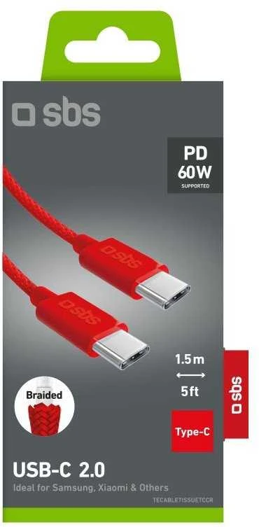 SBS TECABLETISSUETCCR USB-C – USB-C 1.5m 60W pintas kabelis – raudonos spalvos