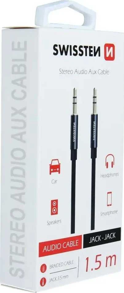 Garso kabelis 3,5 mm 1,5 m Swissten tekstilė - juoda