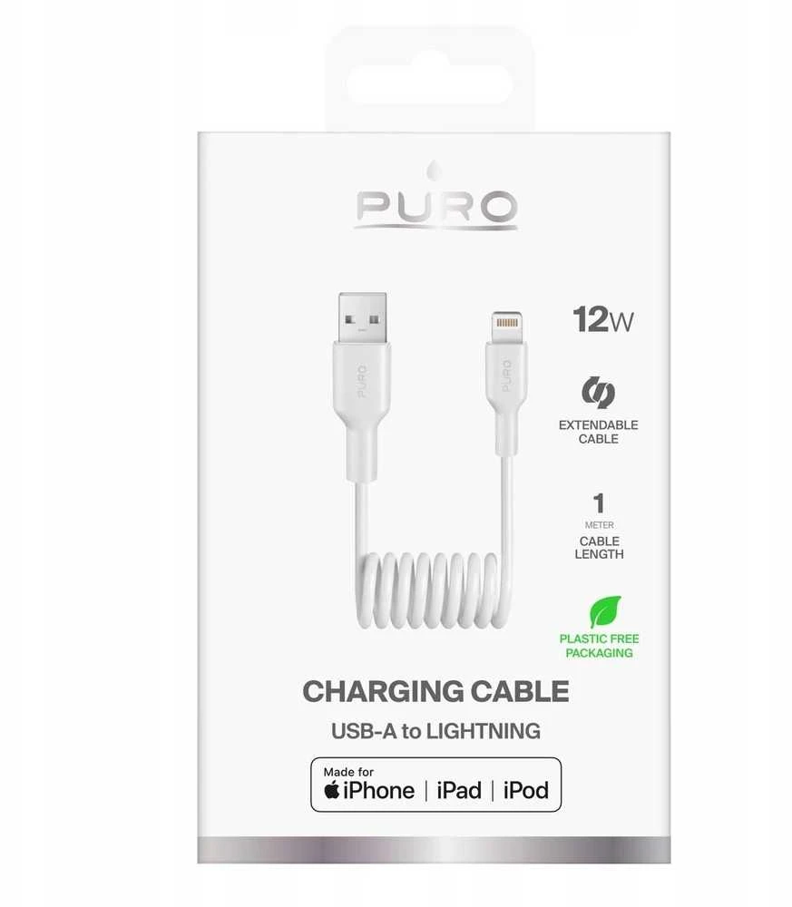 Puro 12W USB-A – Lightning Spiral kabelis 1m – baltos spalvos