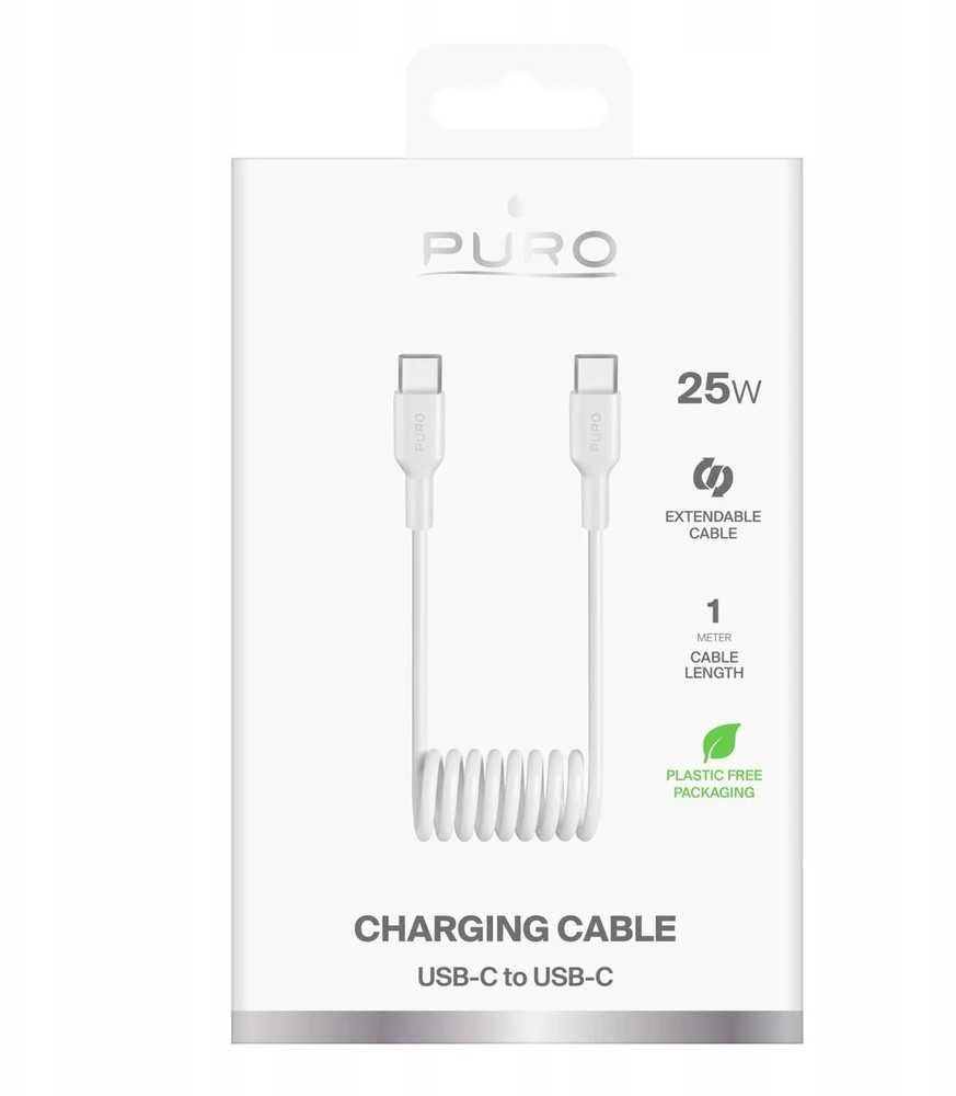 Puro 25W USB-C Spiral kabelis – USB-C 1m – baltos spalvos