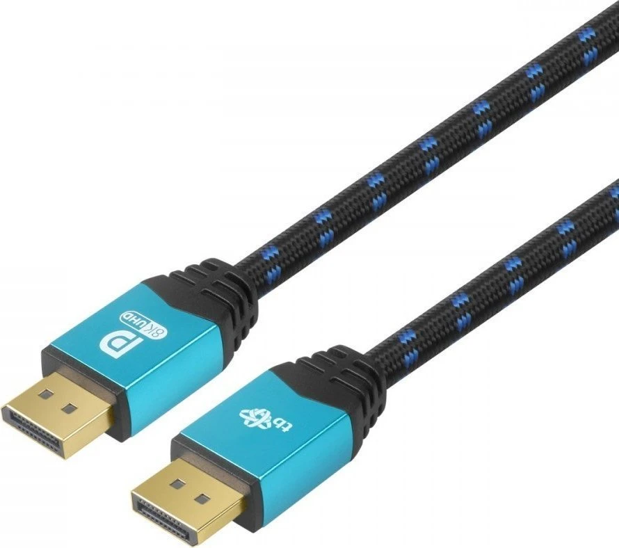 TB DisplayPort 2.1 laidas su mėlynu pynimu