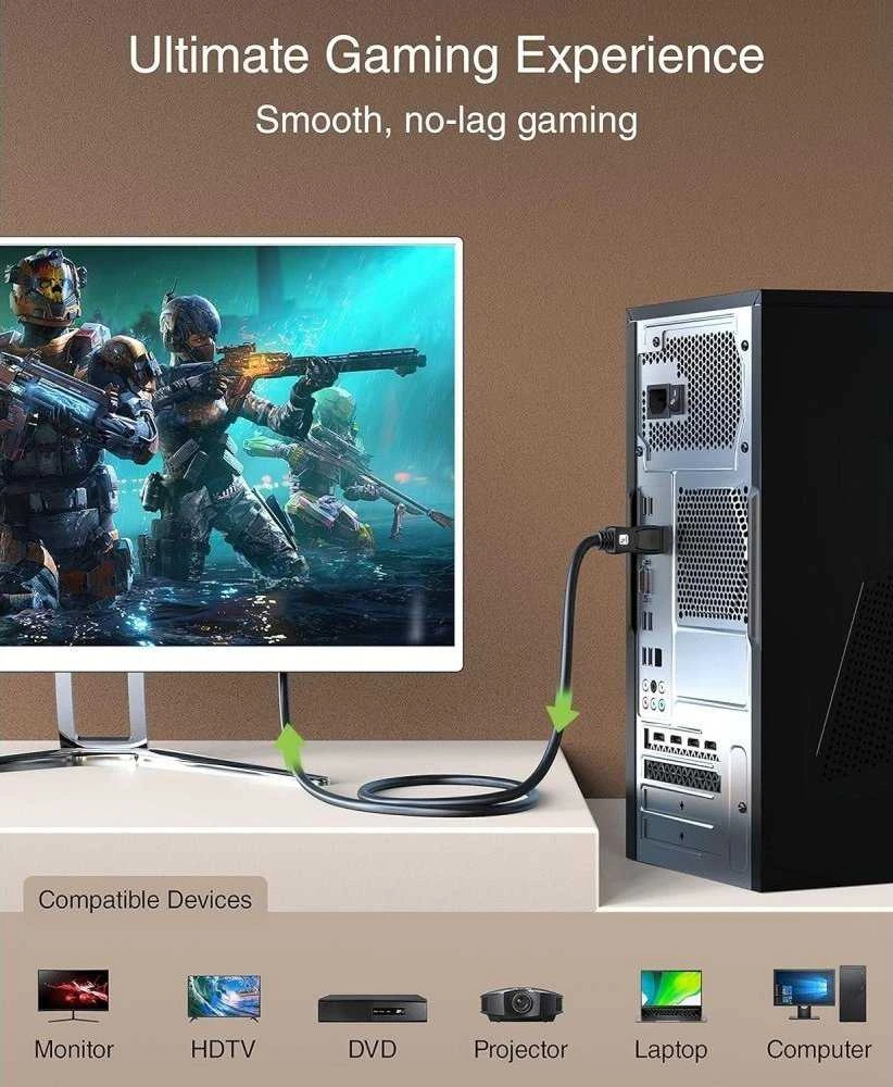 DisplayPort 2.1 kabelis sujungtas su kompiuteriu ir monitoriumi