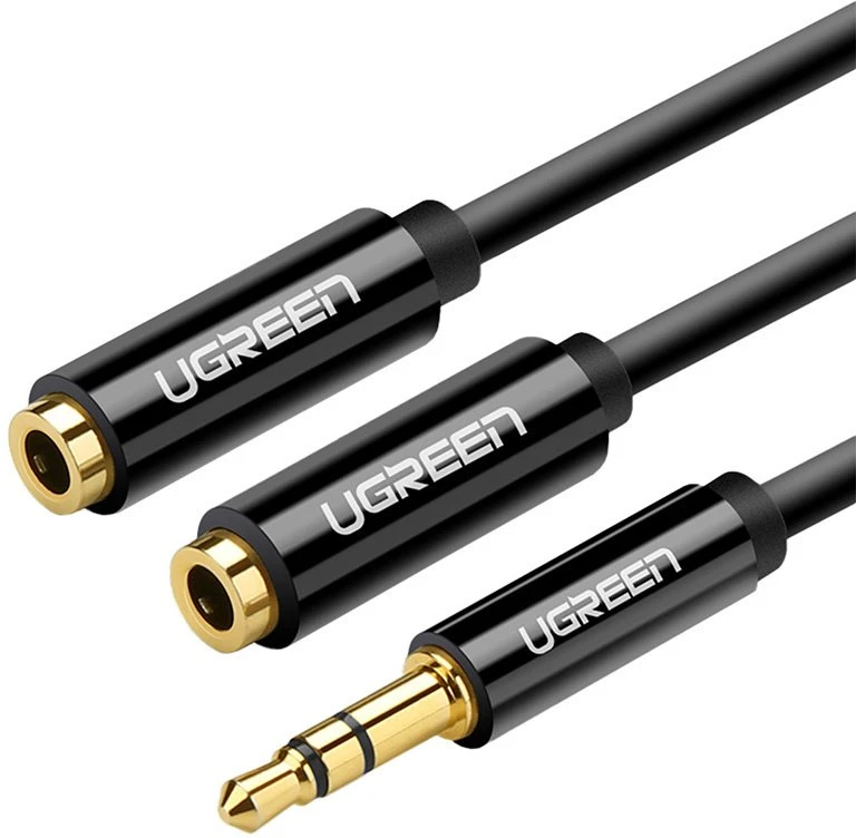 UGREEN AV123 AUX 3.5mm kištukas - 2x 3.5mm lizdai kabelis 0.25m juodas