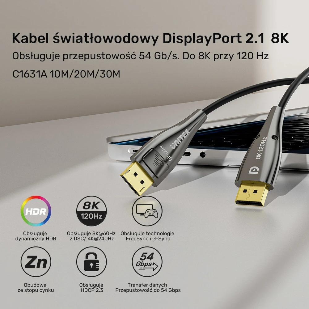 Unitek šviesolaidinis kabelis 8K Ekranas Port 2.1 30m
