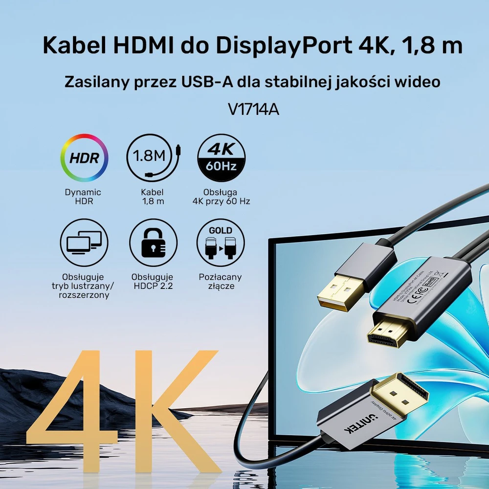 Unitek HDMI į DisplayPort 4K laidas su USB-A maitinimo šaltiniu | 4K@60Hz | HDR | 1,8 m