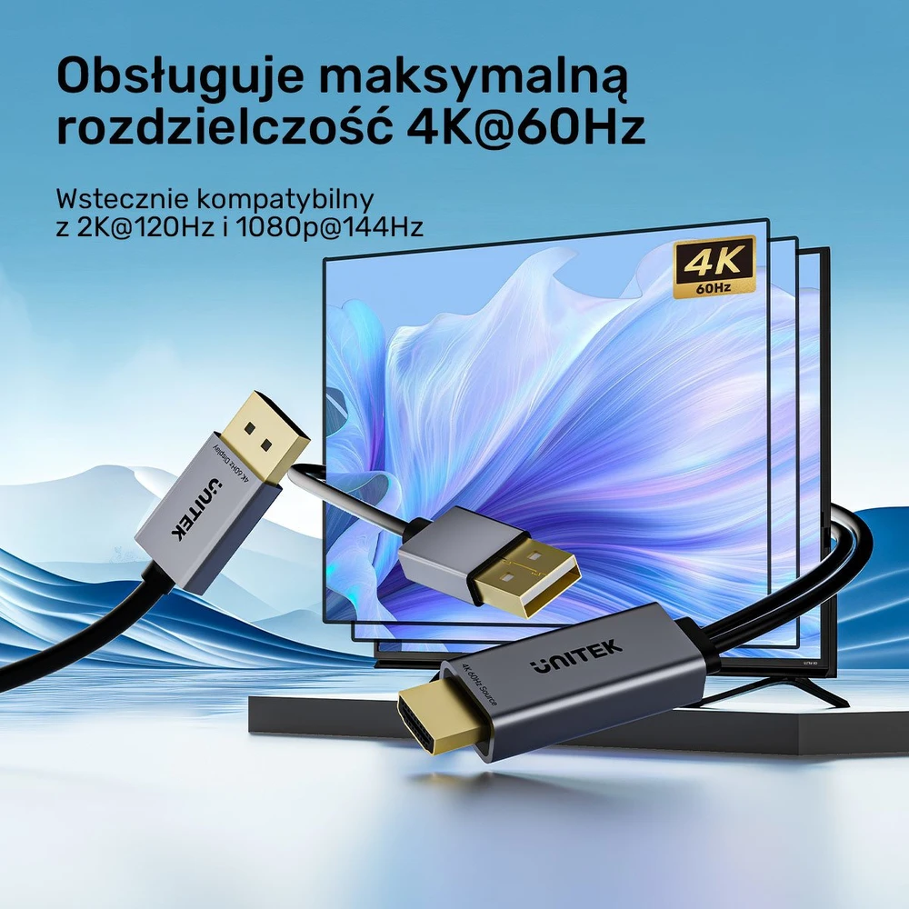 Unitek HDMI į DisplayPort 4K laidas su USB-A maitinimo šaltiniu | 4K@60Hz | HDR | 1,8 m