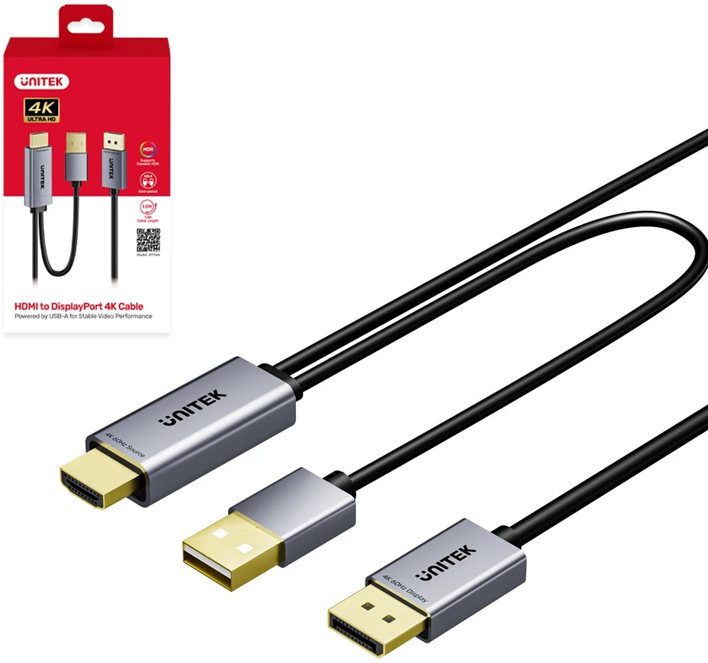 Unitek HDMI į DisplayPort 4K laidas su USB-A maitinimo šaltiniu | 4K@60Hz | HDR | 1,8 m