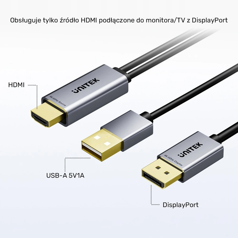 Unitek HDMI į DisplayPort 4K laidas su USB-A maitinimo šaltiniu | 4K@60Hz | HDR | 1,8 m