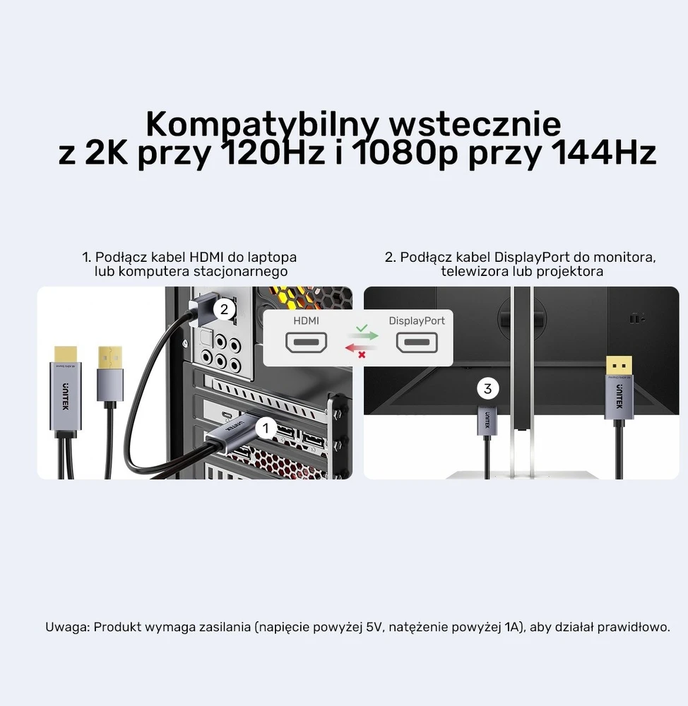 Unitek HDMI į DisplayPort 4K laidas su USB-A maitinimo šaltiniu | 4K@60Hz | HDR | 1,8 m