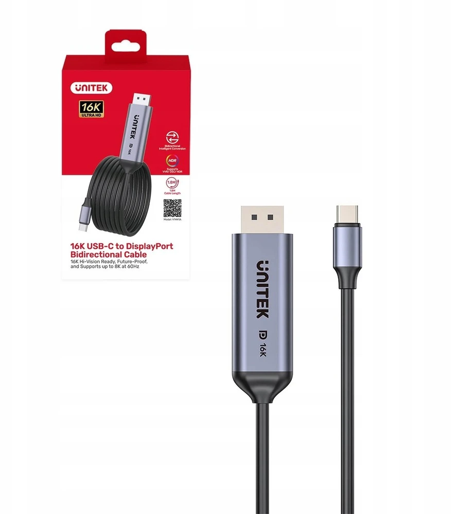 Unitek dvikryptis kabelis USB-C - DisplayPort 16K | 80Gbps | HDR | 1,8 m