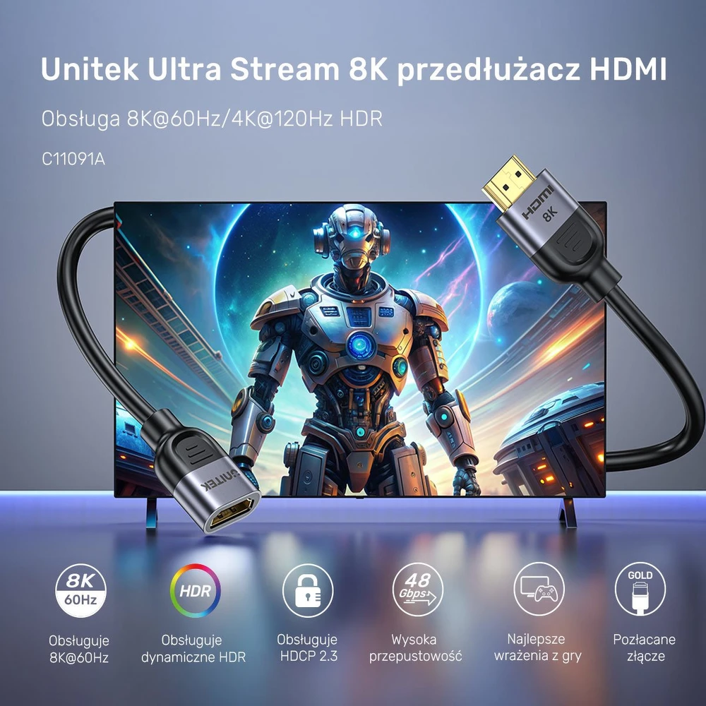 Unitek HDMI (M) - HDMI (F) 2.1 prailginimo kabelis, 8K 1 m