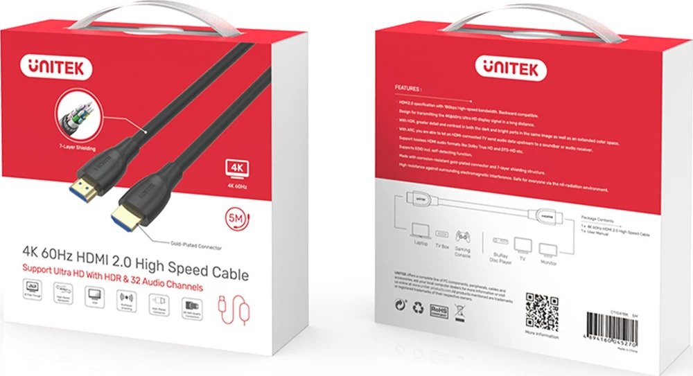 UNITEK C11046BK didelės spartos HDMI v.2.0 4K 60HZ 20M kabelis