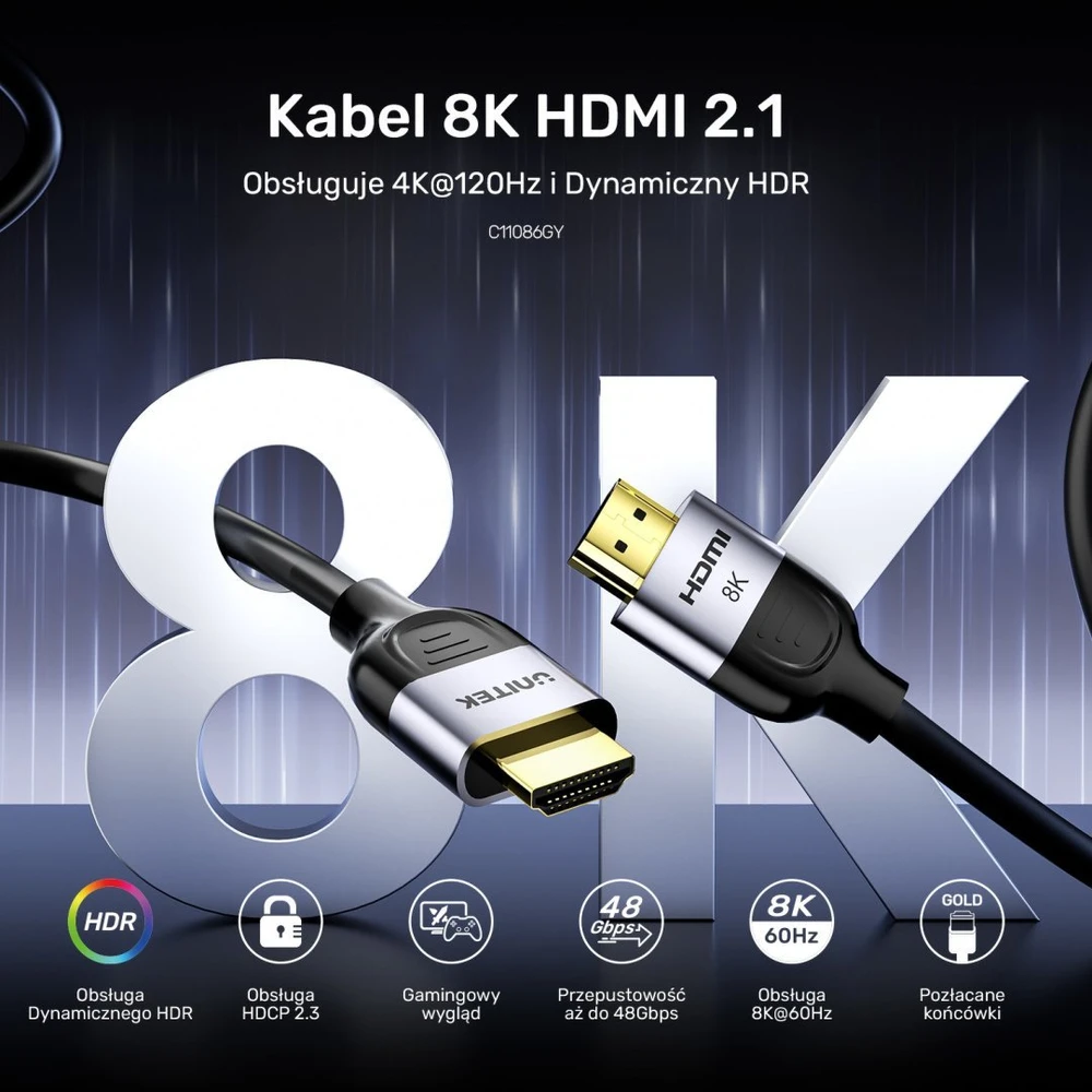 Unitek HDMI 2.1 laido antgaliai ir techninės specifikacijos