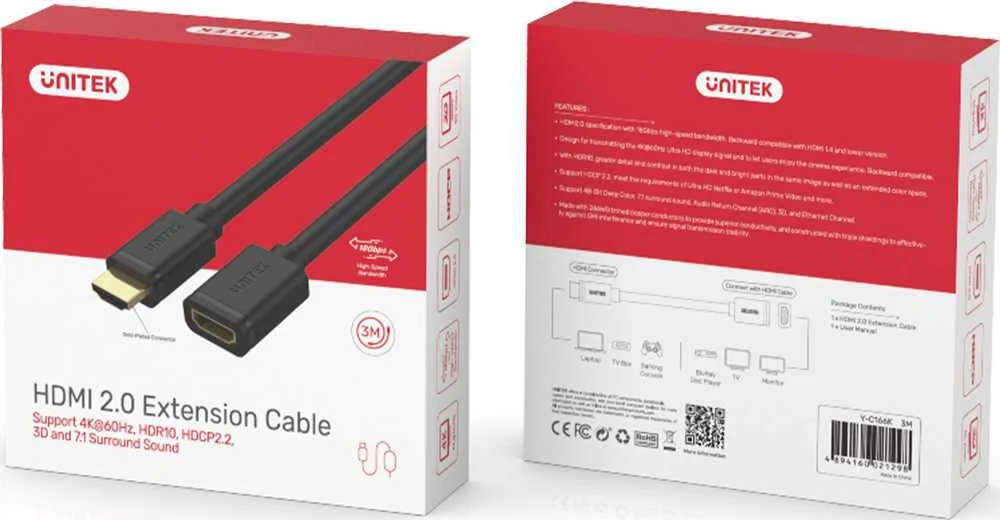 UNITEK Y-C166K ilginimo kabelis HDMI v.2.0 M/F3m