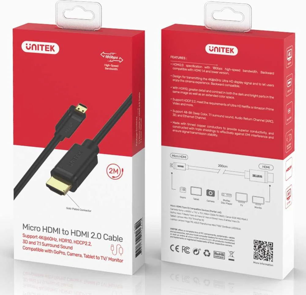 UNITEK Y-C182 HDMI – microHDMI CABLE v.2.0 4K 60HZ 2M