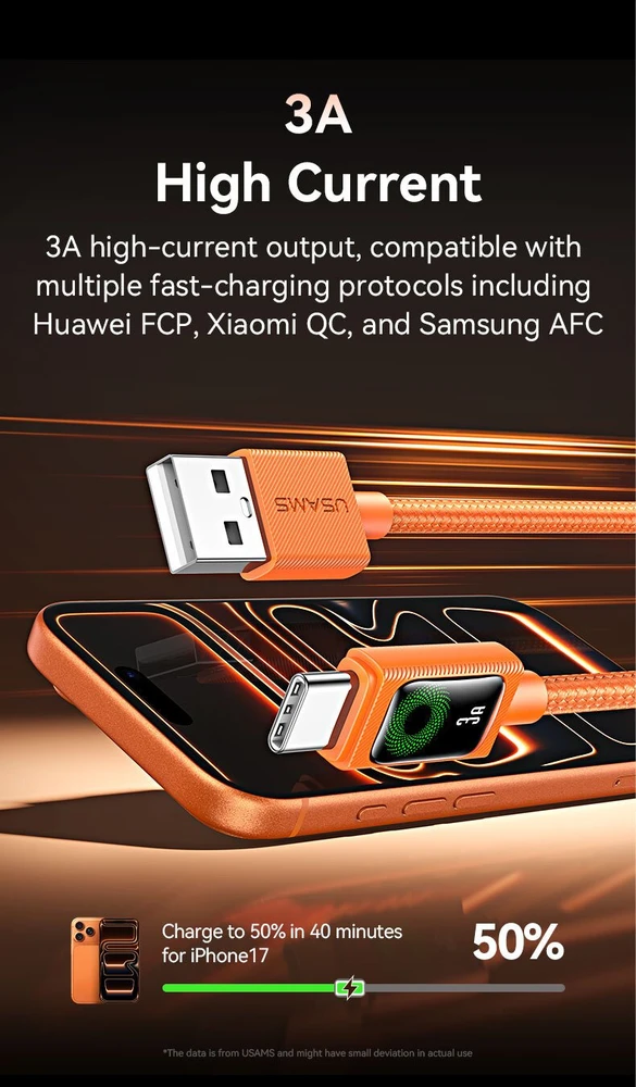 Kabelis USAMS U92 18W USB-C į USB-A 1.2m oranžinės spalvos