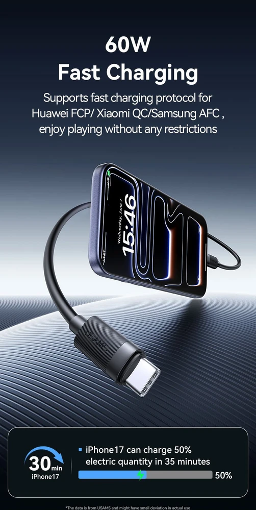 Kabelis USAMS U94 60W USB-C to USB-C 1m juodos spalvos