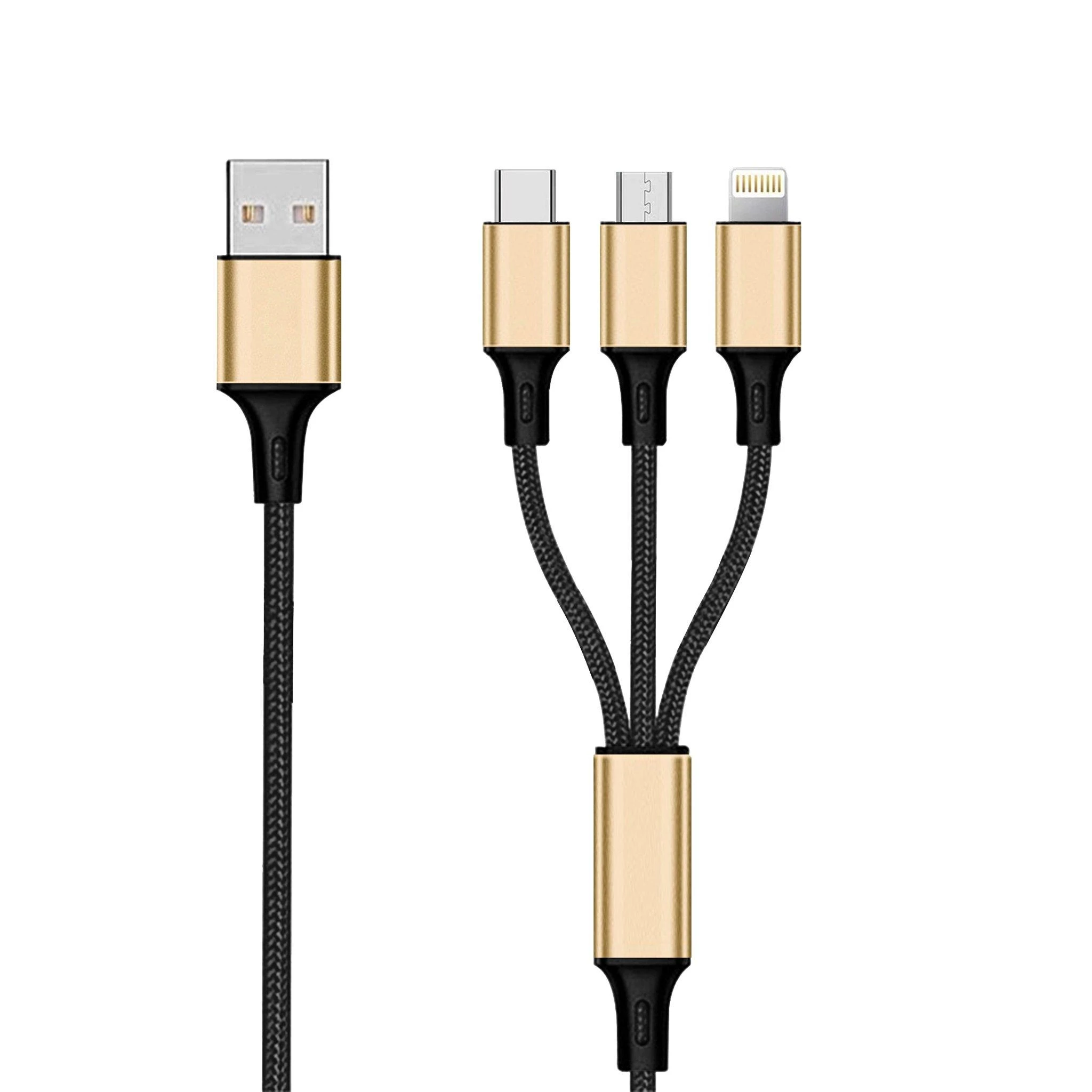 2GO USB kabelis USB-A – USB-C + microUSB + Lightning 1,5 m juodos ir auksinės spalvos (797152)