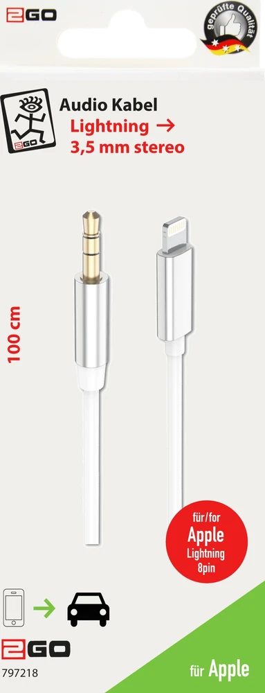 USB 2GO AUX/MP3 laidas „Lightning“ įrenginiams, 100 cm, Baltas (797218)