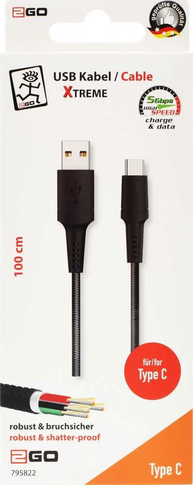 Kabelis USB 2GO USB-B - USB-C 1 m Juodas (795822)