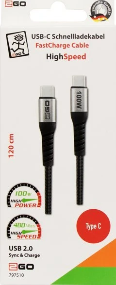 Kabelis USB 2GO USB-C - USB-C 1.2 m Juodas (797510)