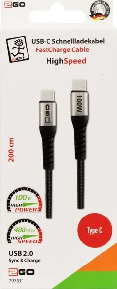 Kabelis USB 2GO USB-C - USB-C 2 m Juodas (797511)