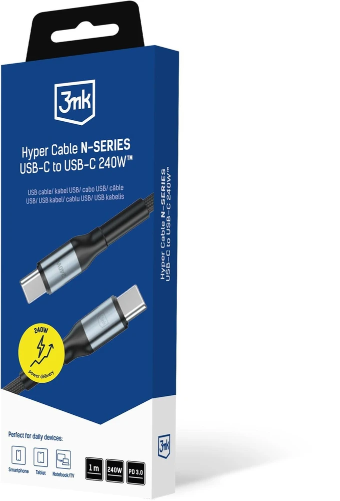 3Mk apsaugos priedai - 3mk Hyper Cable N-SERIES C-C 1m PD 3.0 QC 3.0 48V/5A 240W Juodas