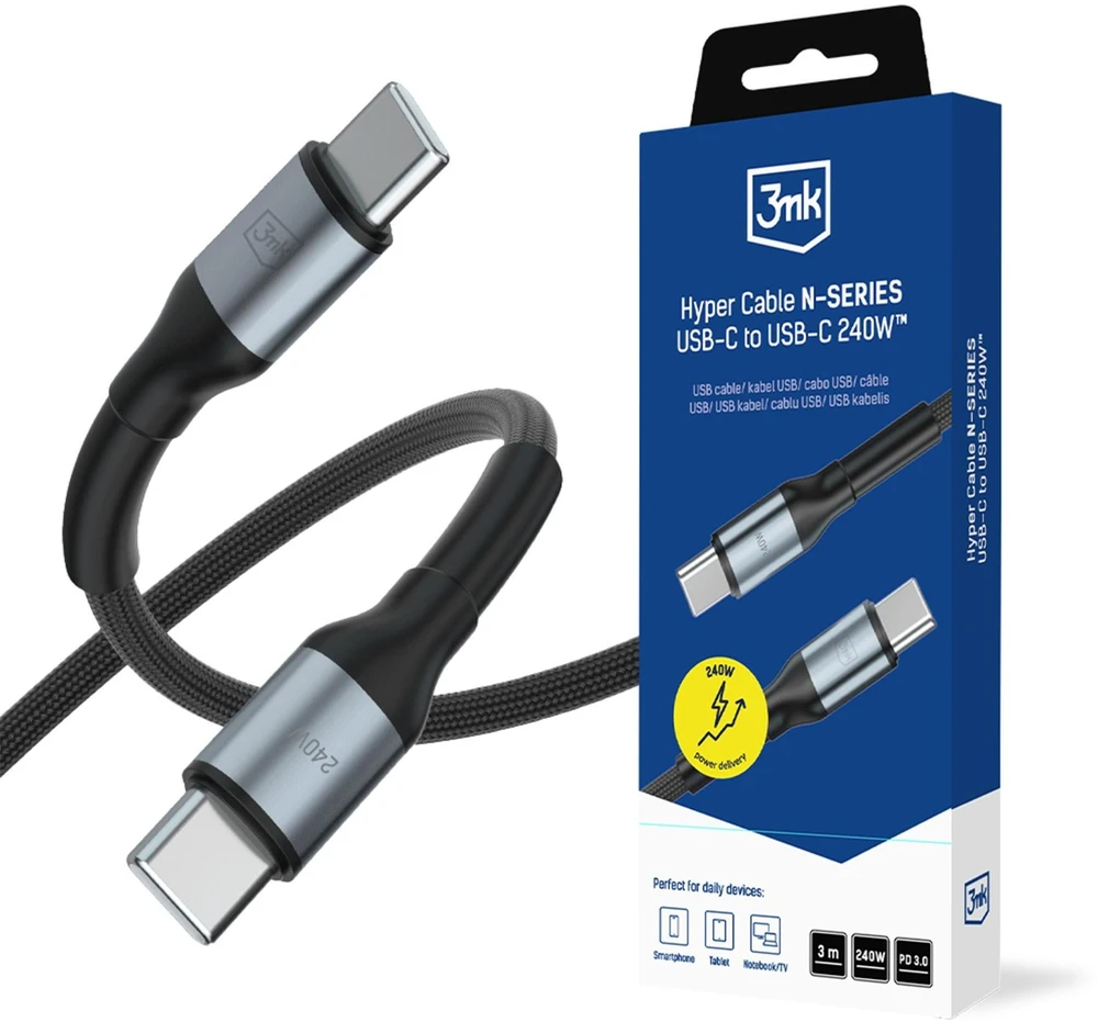 3Mk apsaugos priedai - 3mk Hyper Cable N-SERIES C-C 3m PD 3.0 QC 3.0 48V/5A 240W Juodas