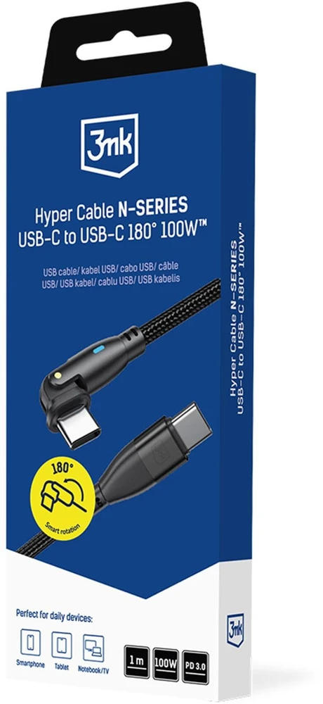 3Mk apsaugos priedai - 3mk Hyper Cable N-SERIES C į C 1m PD 3.0 QC 3.0 20V/5A 100W Juodas - Pasukamas
