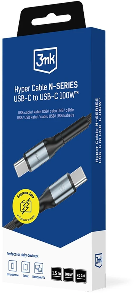 3Mk Protection 3mk Hyper Cable N-SERIES USB-C / USB-C 1.5m PD 3.0 QC 3.0 20V / 5A 100W - juodas