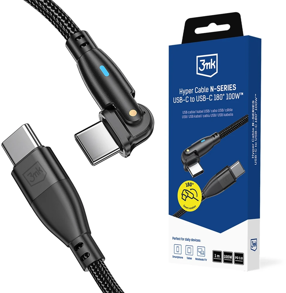 3Mk apsaugos priedai - 3mk Hyper Cable N-SERIES C į C 1m PD 3.0 QC 3.0 20V/5A 100W Juodas - Pasukamas
