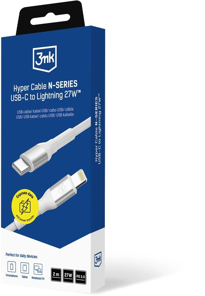3Mk apsaugos priedai - 3mk Hyper Cable N-SERIES C - Lightning 2m PD 3.0 9V/3A 27W Baltas