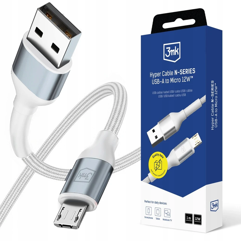 3Mk Protection 3mk Hyper Cable N-SERIES USB-A / MicroUSB 1m 5V/2.4A 12W / baltas