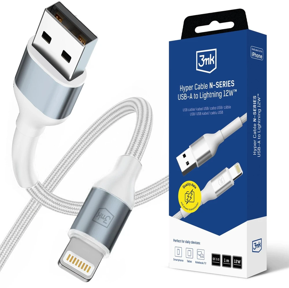 3Mk Protection 3mk Hyper Cable N-SERIES USB-A / Lightning 1m QC 3.0 5V/2.4A 12W - baltas