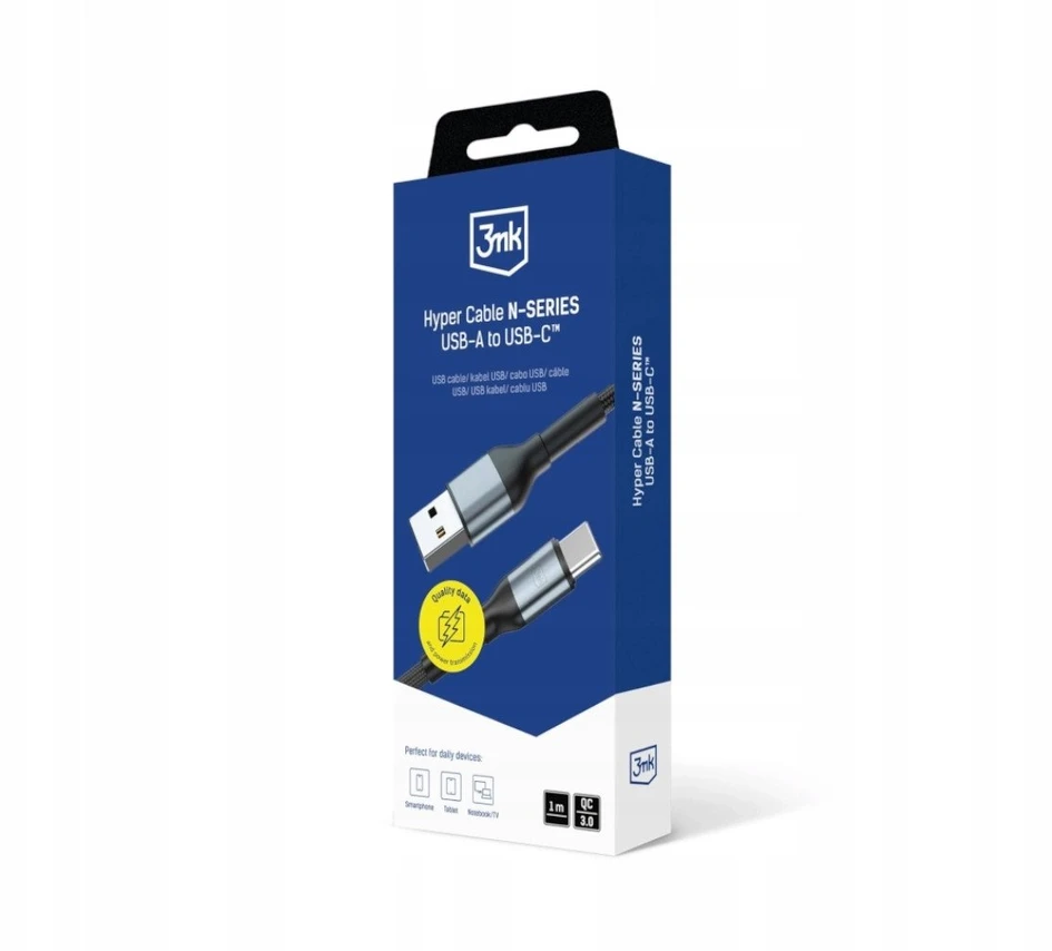 3Mk apsauga 3mk Hyper kabelis 3mk Hyper kabelis N serijos USB-A / USB-C 1m 9V/2A 18W QC 3.0 / juodas