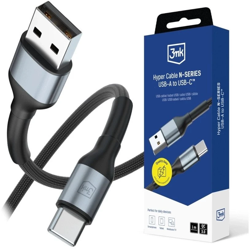 3Mk apsauga 3mk Hyper kabelis 3mk Hyper kabelis N serijos USB-A / USB-C 1m 9V/2A 18W QC 3.0 / juodas