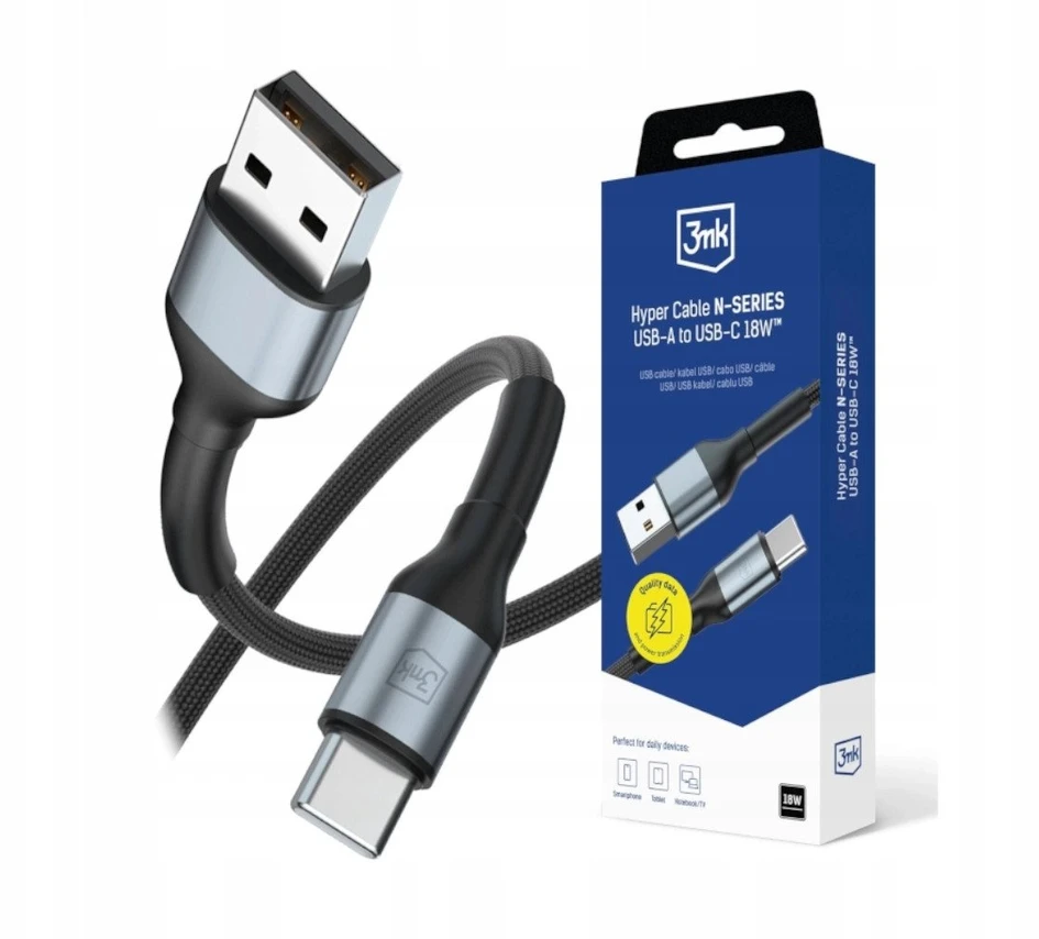 3mk Hyper Cable N-SERIES USB-A į USB-C 1m 9V/2A 18W Juodas