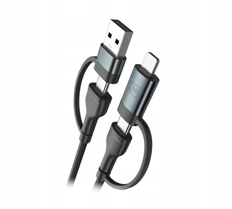 3Mk Protection 3mk Hyper Cable N-SERIES 2 in 2 USB-A / USB-C ir USB-C / Lightning 1.2m QC 3.0 9V/2A 60W - juodas