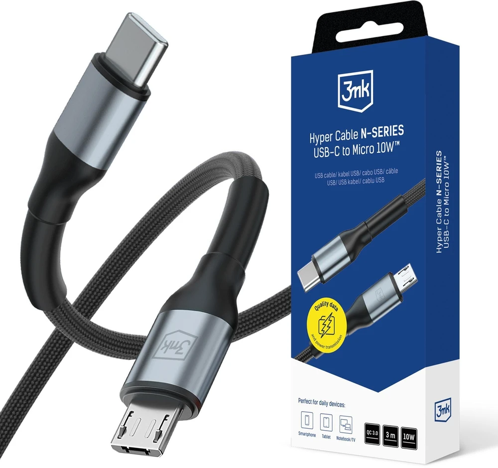 3Mk Protection 3mk Hyper Cable N-SERIES USB-C / MicroUSB 3m QC 3.0 5V/2A 10W - juodas
