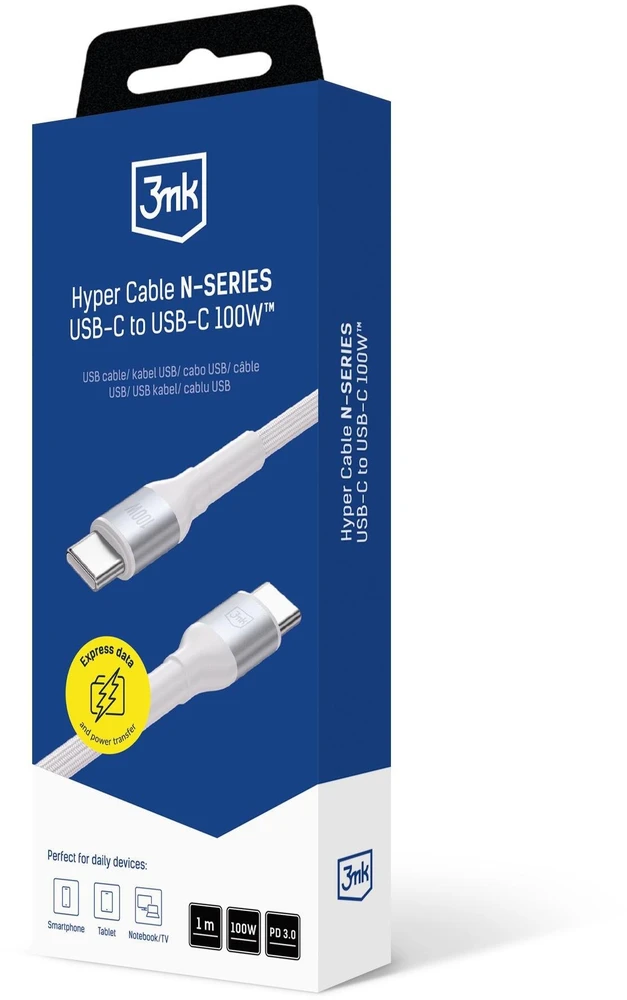 3Mk apsauga 3mk Hyper kabelis 3mk Hyper kabelis N serijos USB-C / USB-C 1m 20V/5A 100W / baltas