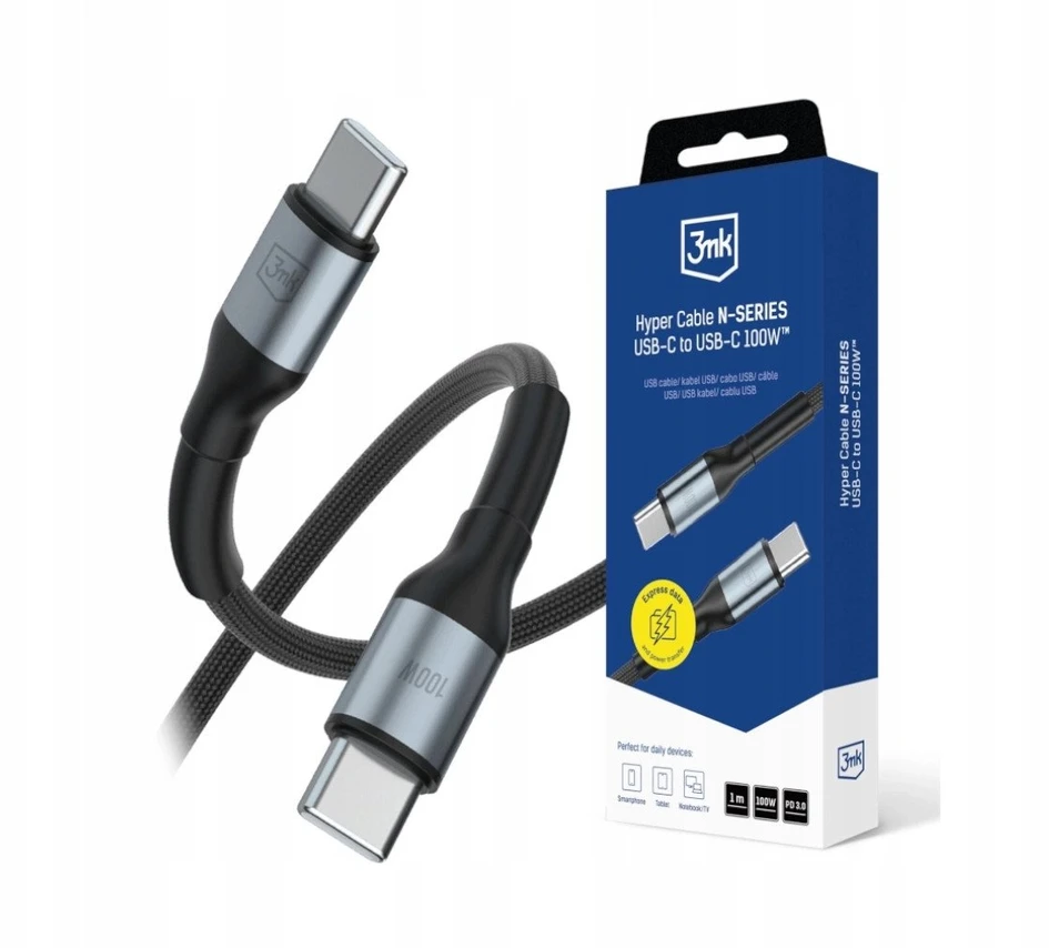 3Mk apsauga 3mk Hyper kabelis 3mk Hyper kabelis N serijos USB-C / USB-C 1m 20V/5A 100W / juodas